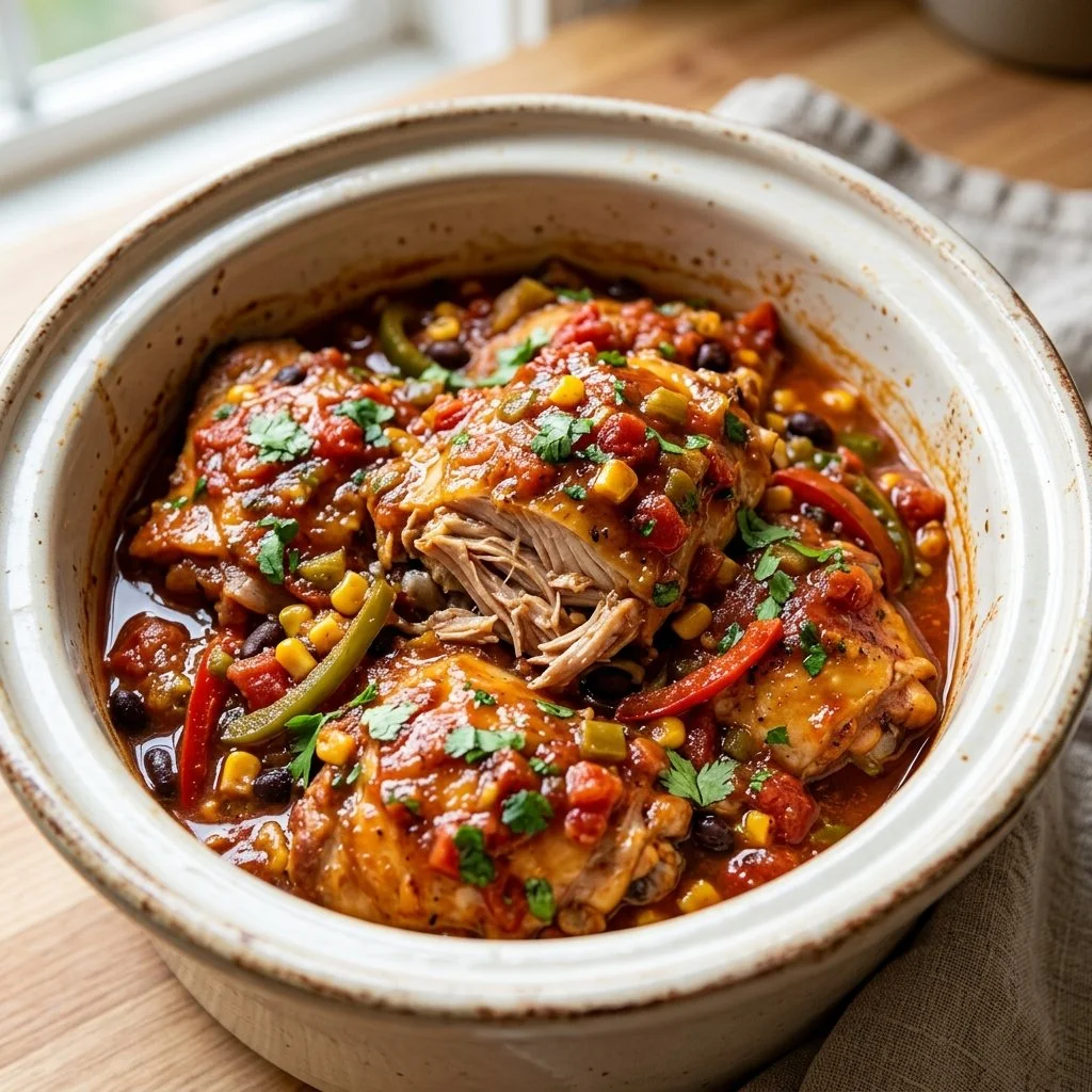 Slow Cooker Salsa Chicken cooking in a crockpot with fresh ingredients