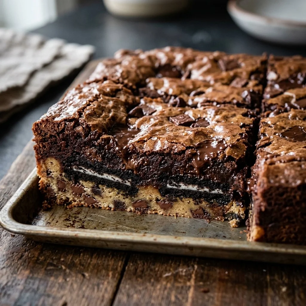 Delicious slutty brownies featuring layers of cookie dough and chocolate brownie