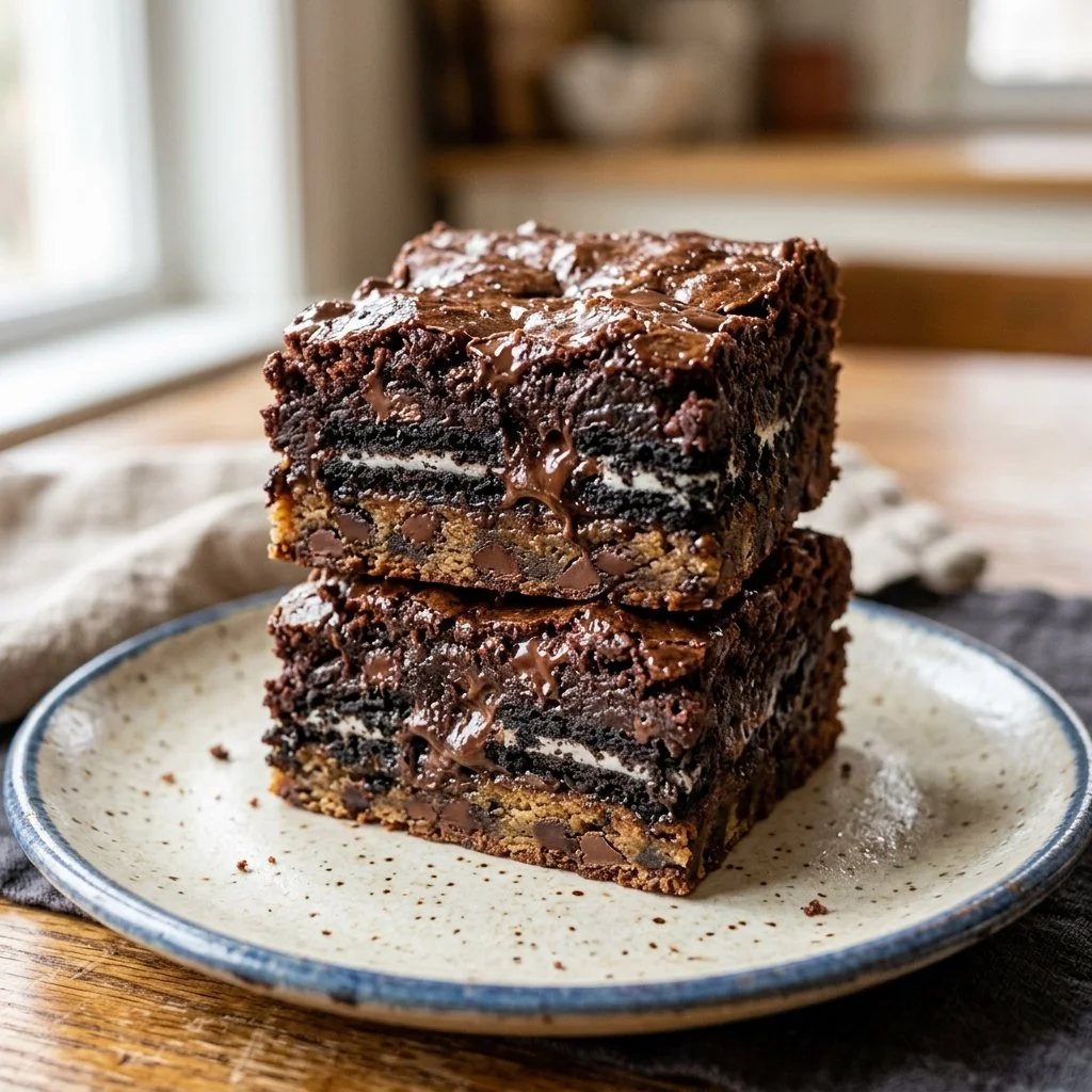 Deliciously layered slutty brownies with cookie and brownie mix