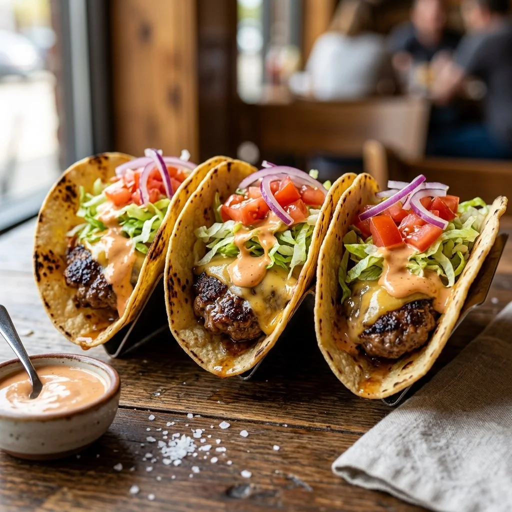 Delicious smash burger tacos served with toppings and sauces.