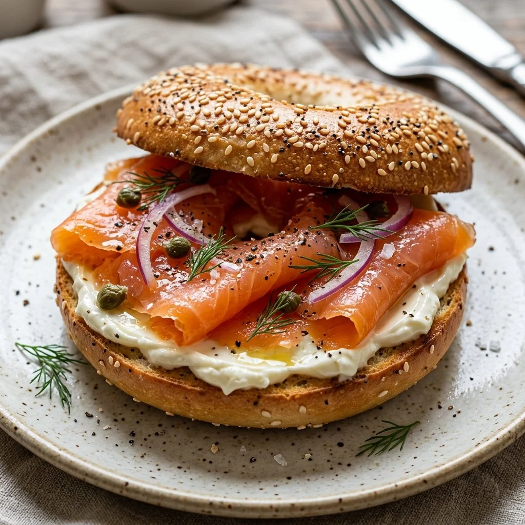 Smoked salmon bagel topped with cream cheese and capers on a wooden platter