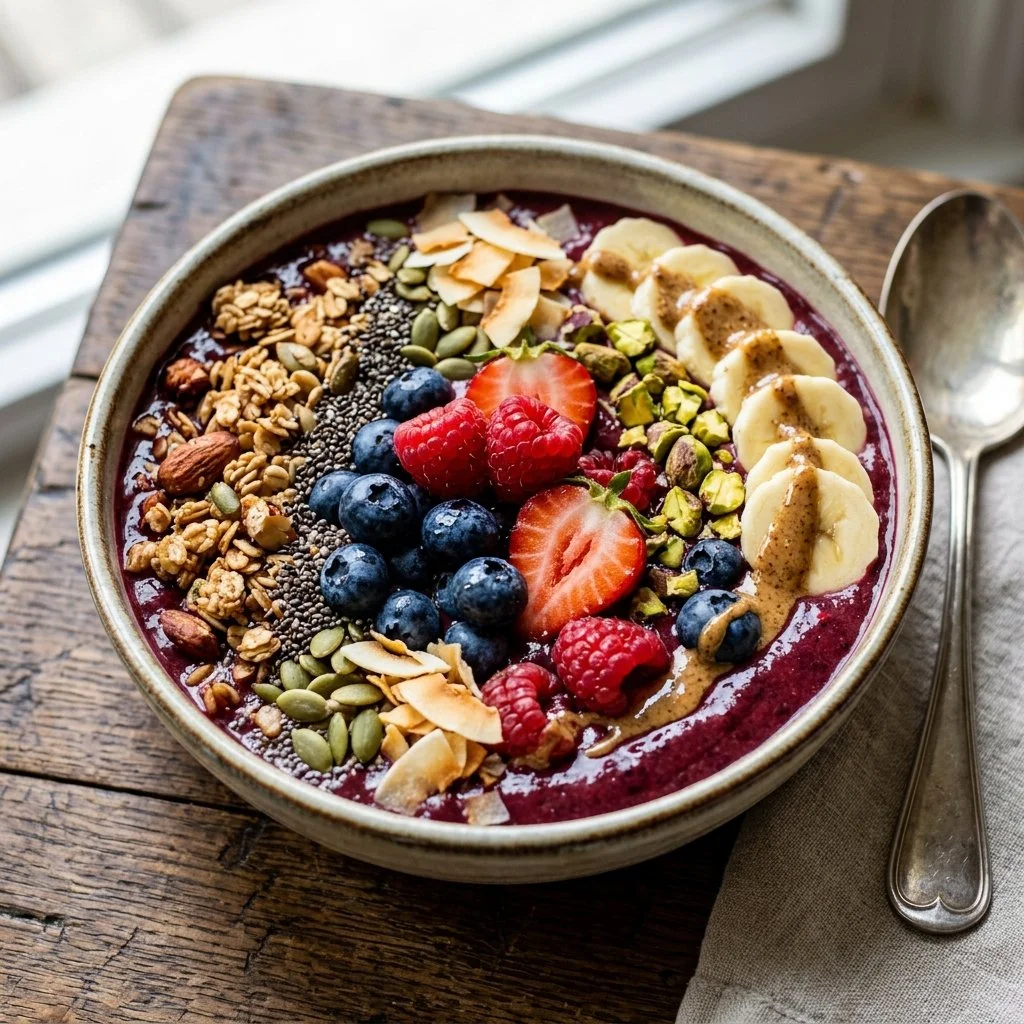 Vibrant smoothie bowl topped with fresh fruits, nuts, and seeds.
