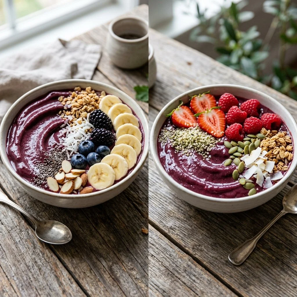 Colorful smoothie bowls topped with fresh fruits and nuts