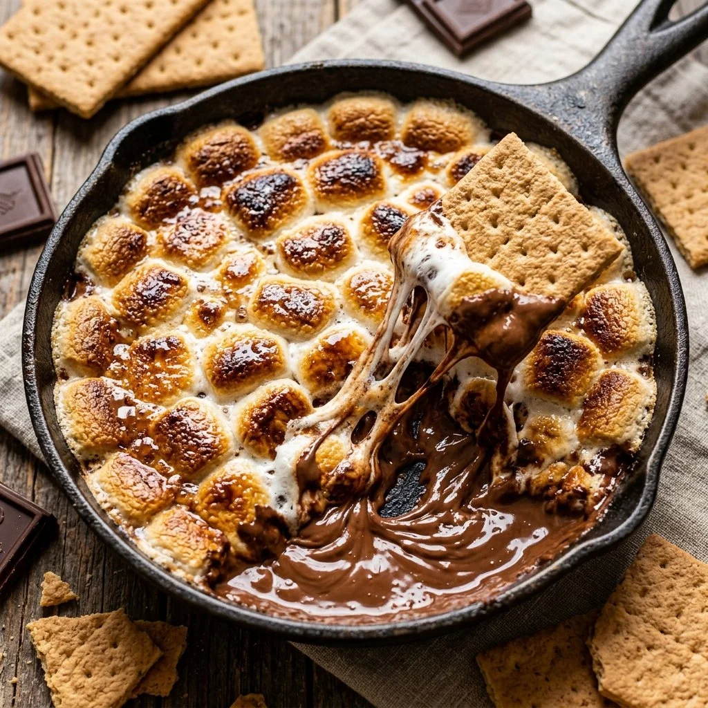 Delicious S'mores Dip with melted chocolate and toasted marshmallows