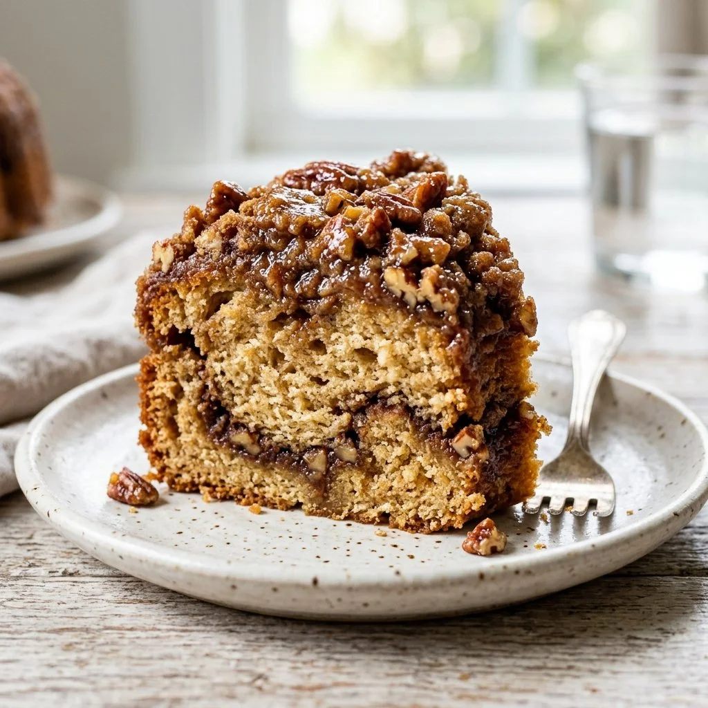 Delicious sour cream coffee cake with a crumbly topping, perfect for pairing with coffee.