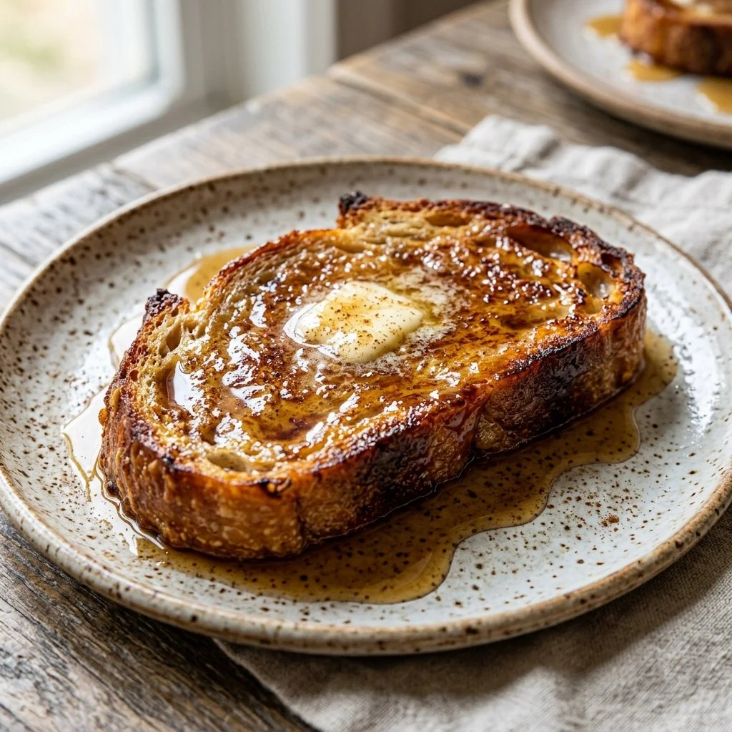 Delicious sourdough French toast served with fresh fruit and syrup