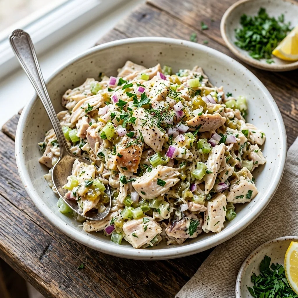 Bowl of Southern chicken salad with celery, grapes, and spices