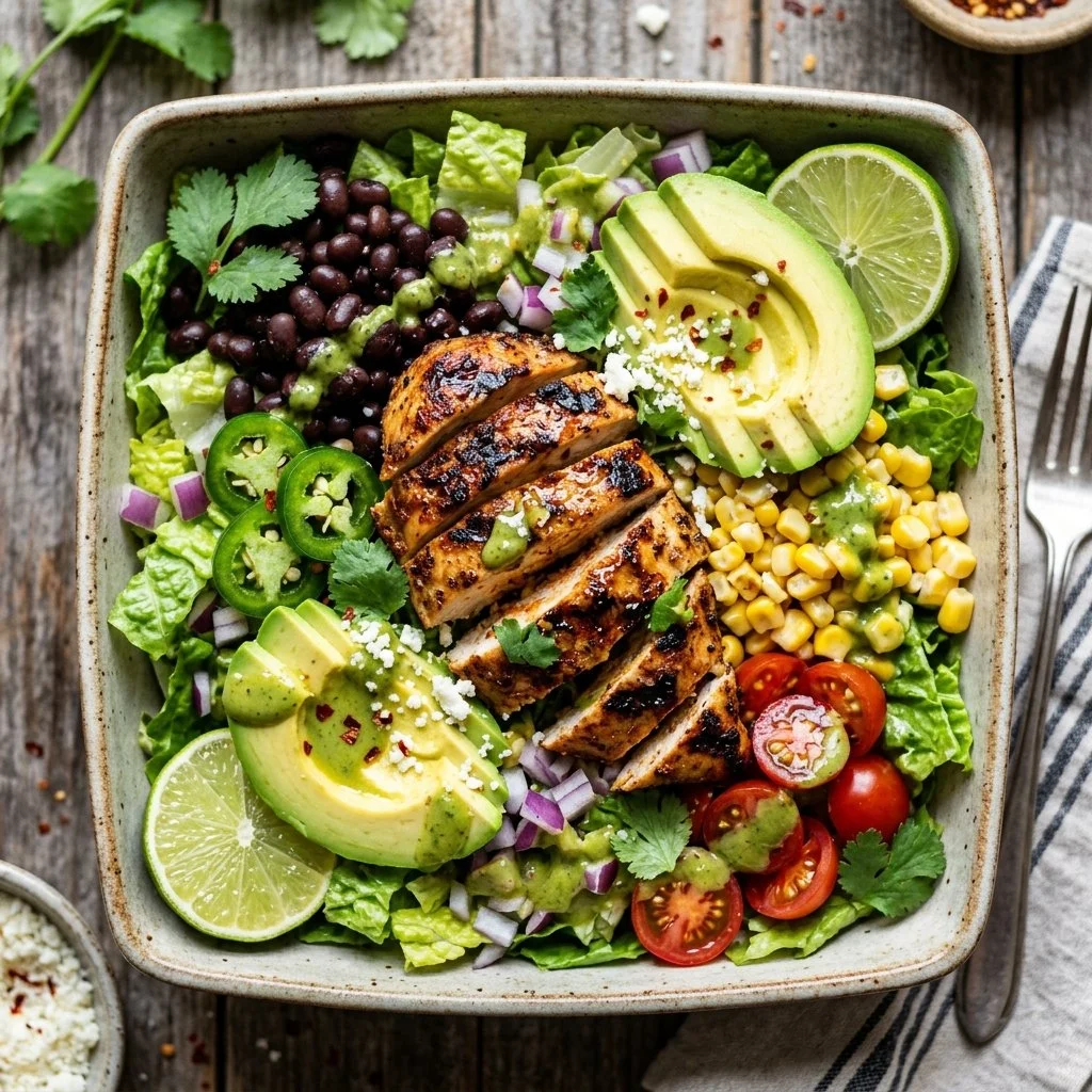 Delicious Southwest Chicken Salad with grilled chicken, beans, and colorful veggies