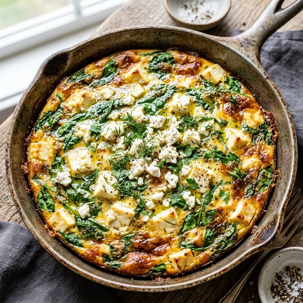 Healthy spinach and feta frittata served on a plate