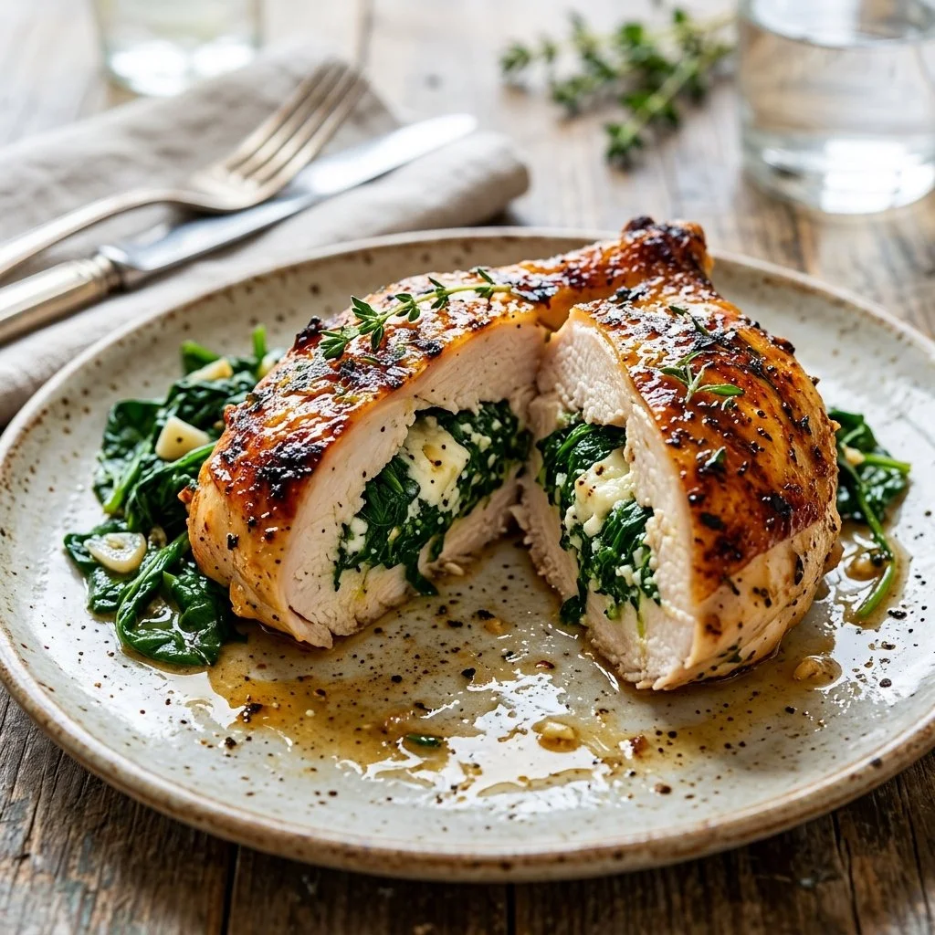 Delicious spinach and feta stuffed chicken breast garnished with herbs