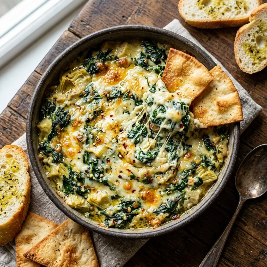 Creamy spinach artichoke dip served with tortilla chips
