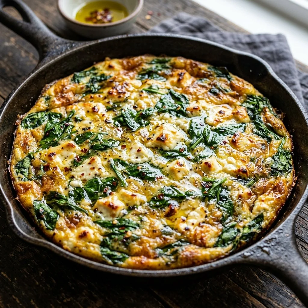 Spinach Feta Frittata served on a plate with fresh herbs garnish