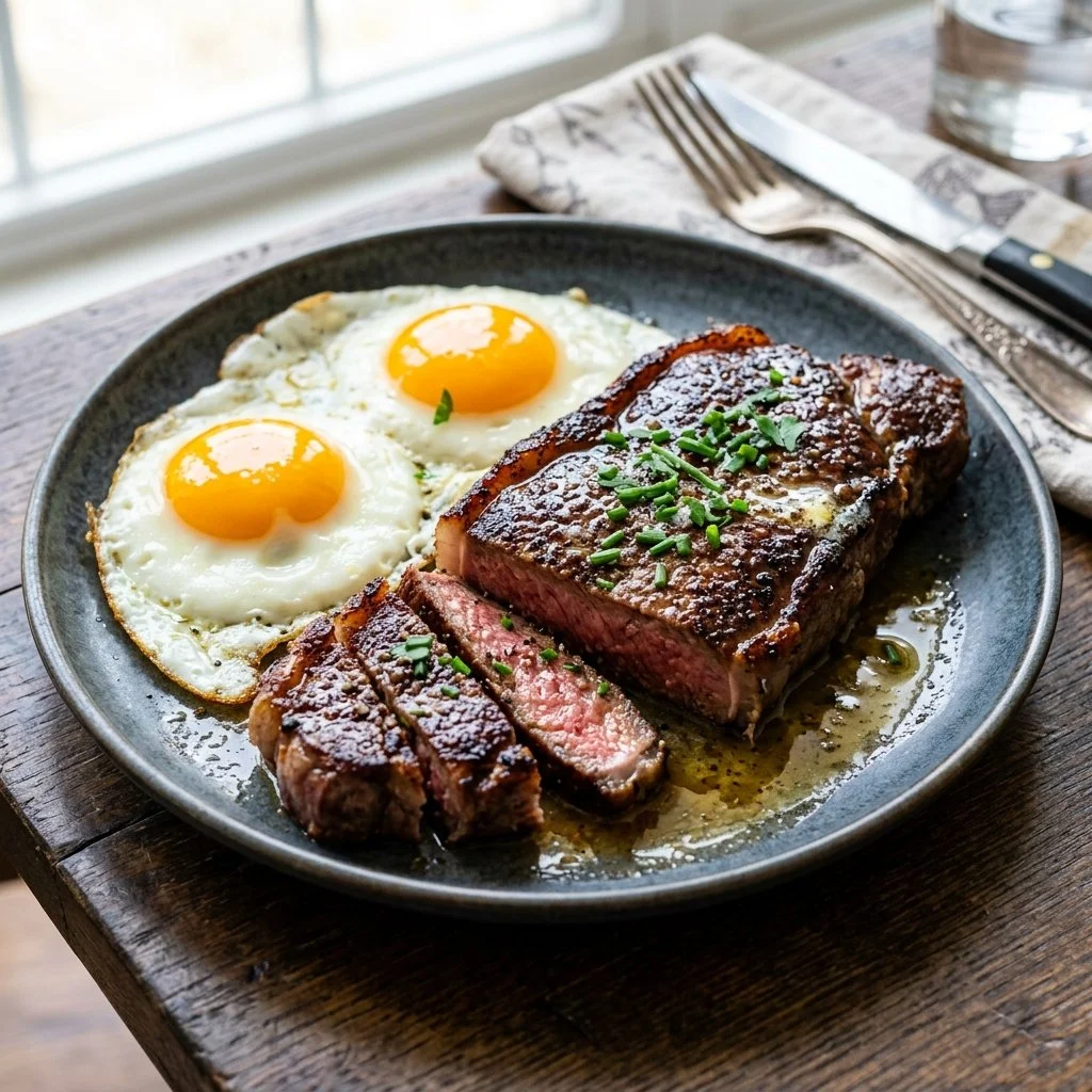 Delicious steak and eggs served on a plate, perfect for a hearty breakfast