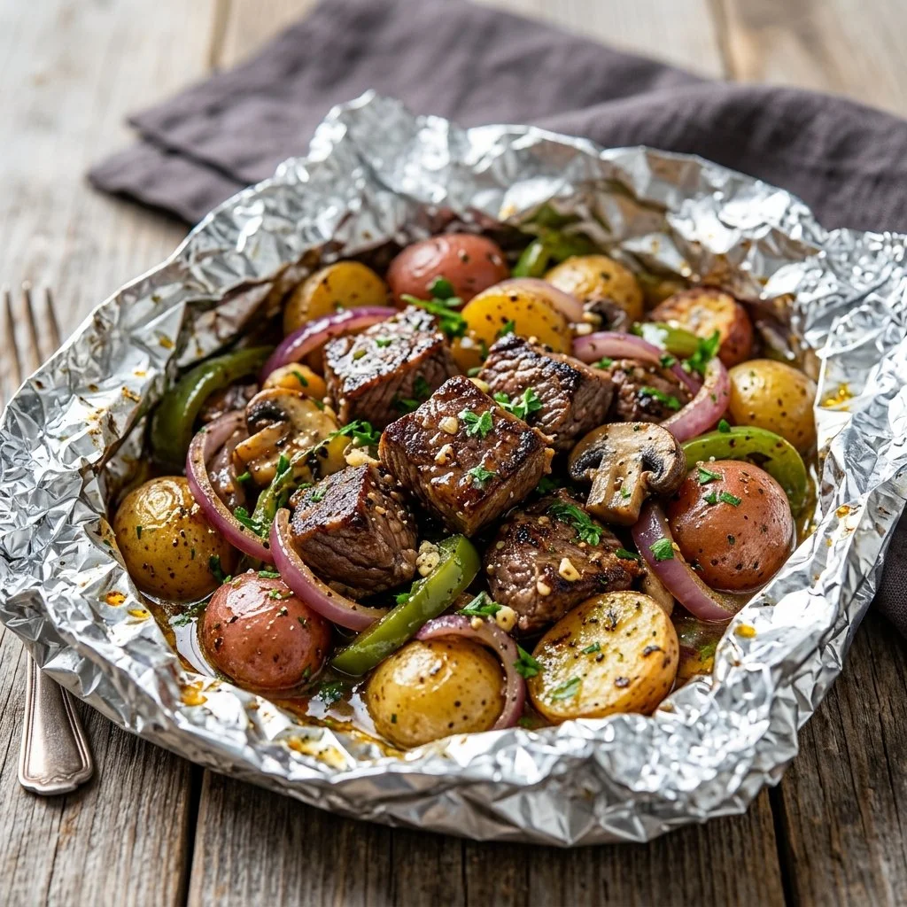 Delicious steak and potato foil packets ready for grilling, seasoned and colorful.