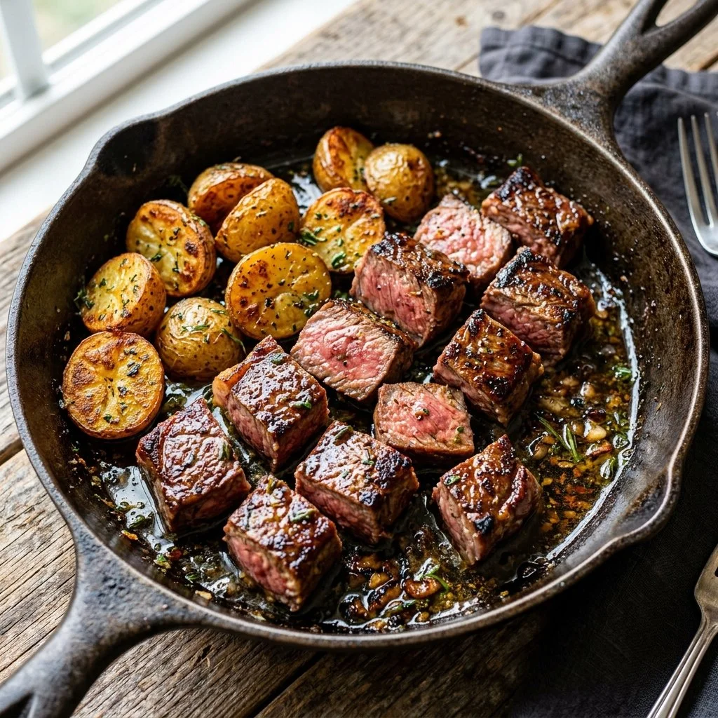 Delicious steak and potatoes skillet meal topped with herbs