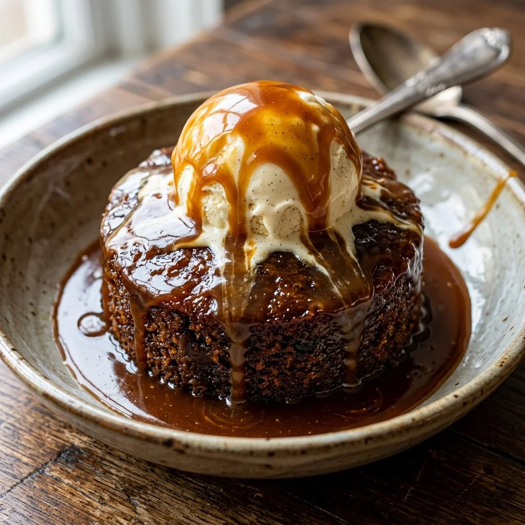 Delicious warm sticky toffee pudding served with creamy sauce
