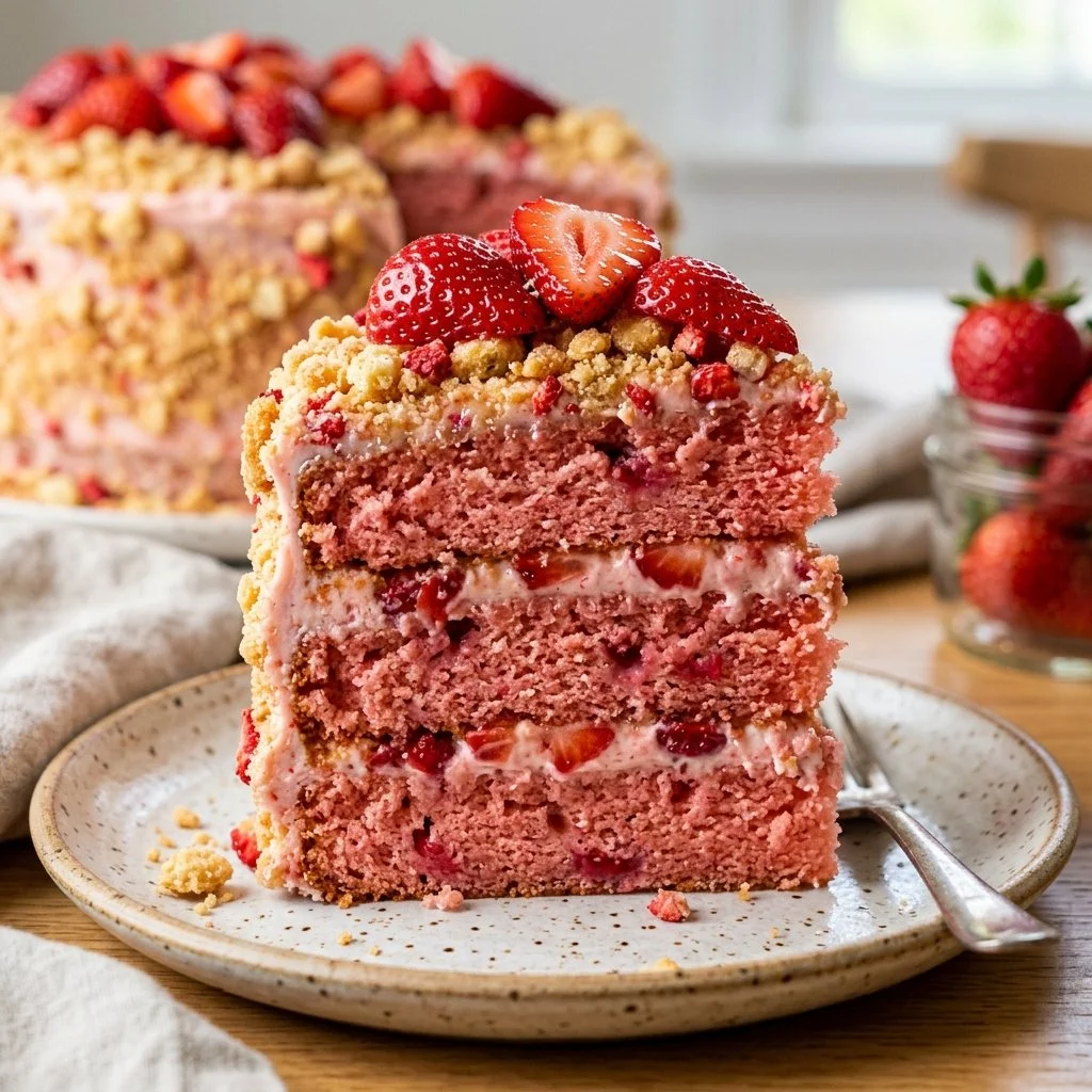 Slice of strawberry crunch cake topped with fresh strawberries and crunch layers