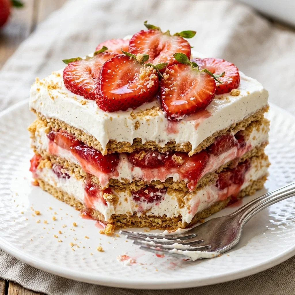 Delicious Strawberry Icebox Cake topped with fresh strawberries and whipped cream