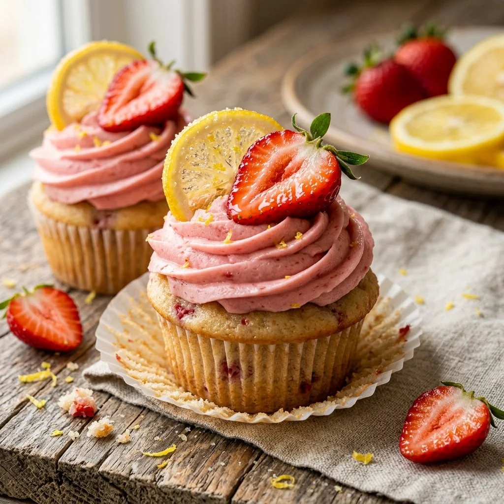 Strawberry lemonade cupcakes topped with fresh strawberries and lemon frosting