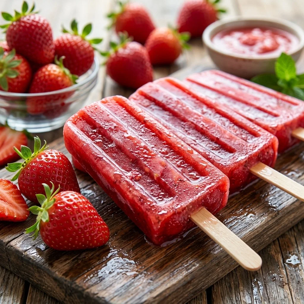 Homemade strawberry popsicles served on a wooden stick