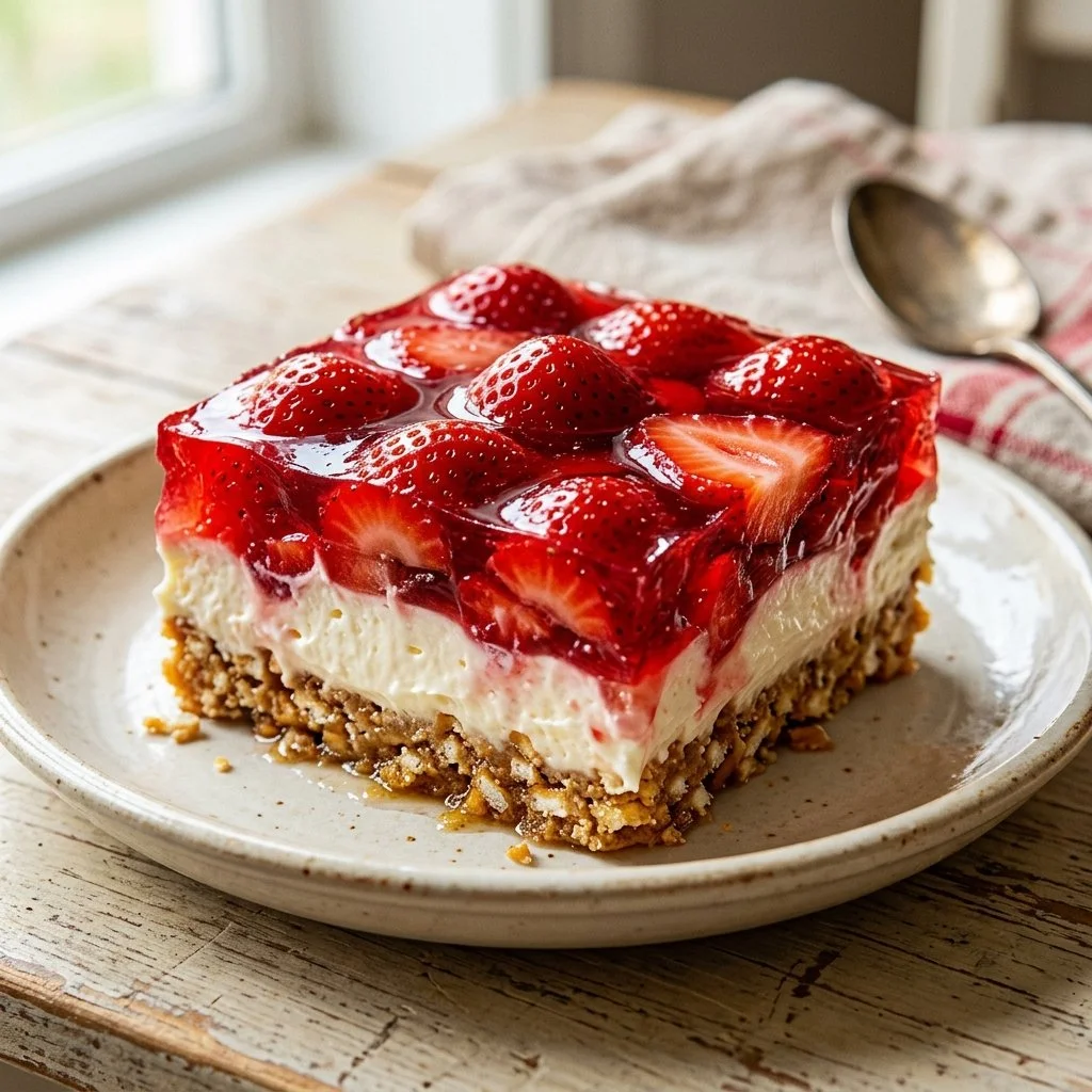 Delicious Strawberry Pretzel Salad with layers of strawberries, cream, and pretzel crust
