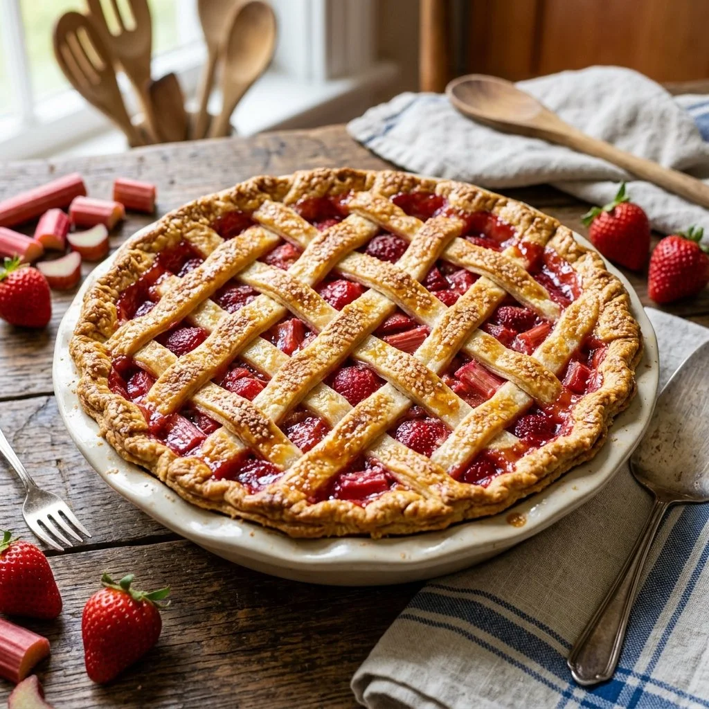 Delicious freshly baked strawberry rhubarb pie on a rustic table