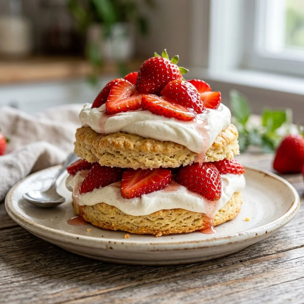 Delicious strawberry shortcake with fresh strawberries and whipped cream layers