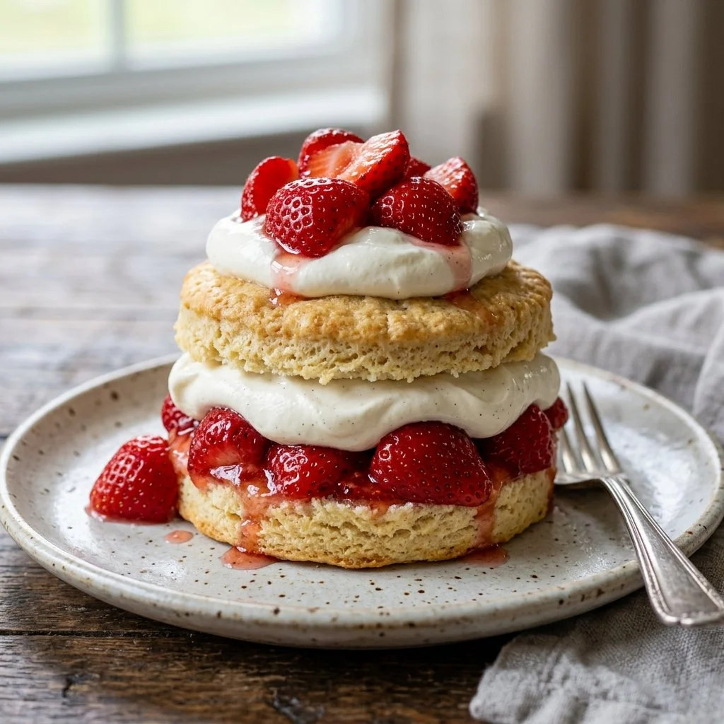 Deliciously layered strawberry shortcake with fresh strawberries and whipped cream