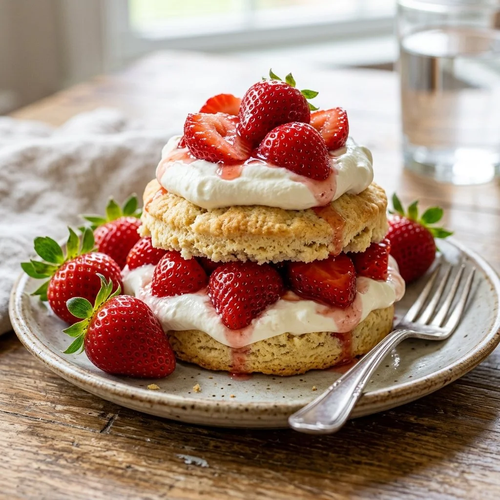 Delicious strawberry shortcake dessert with fresh strawberries and whipped cream