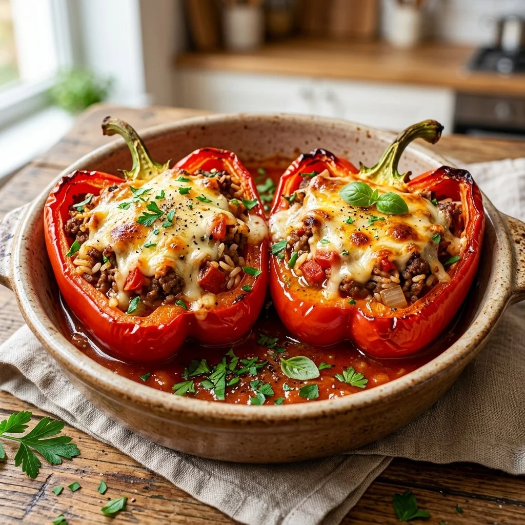 Delicious stuffed bell peppers filled with rice, beans, and spices on a plate