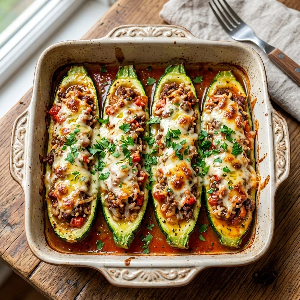 Stuffed zucchini boats filled with flavorful ingredients ready to serve