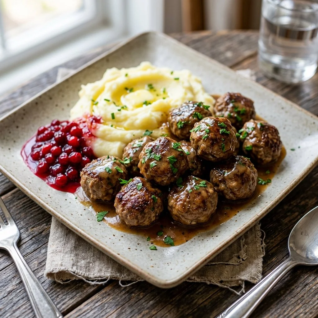 Delicious homemade Swedish meatballs served with creamy sauce and lingonberry