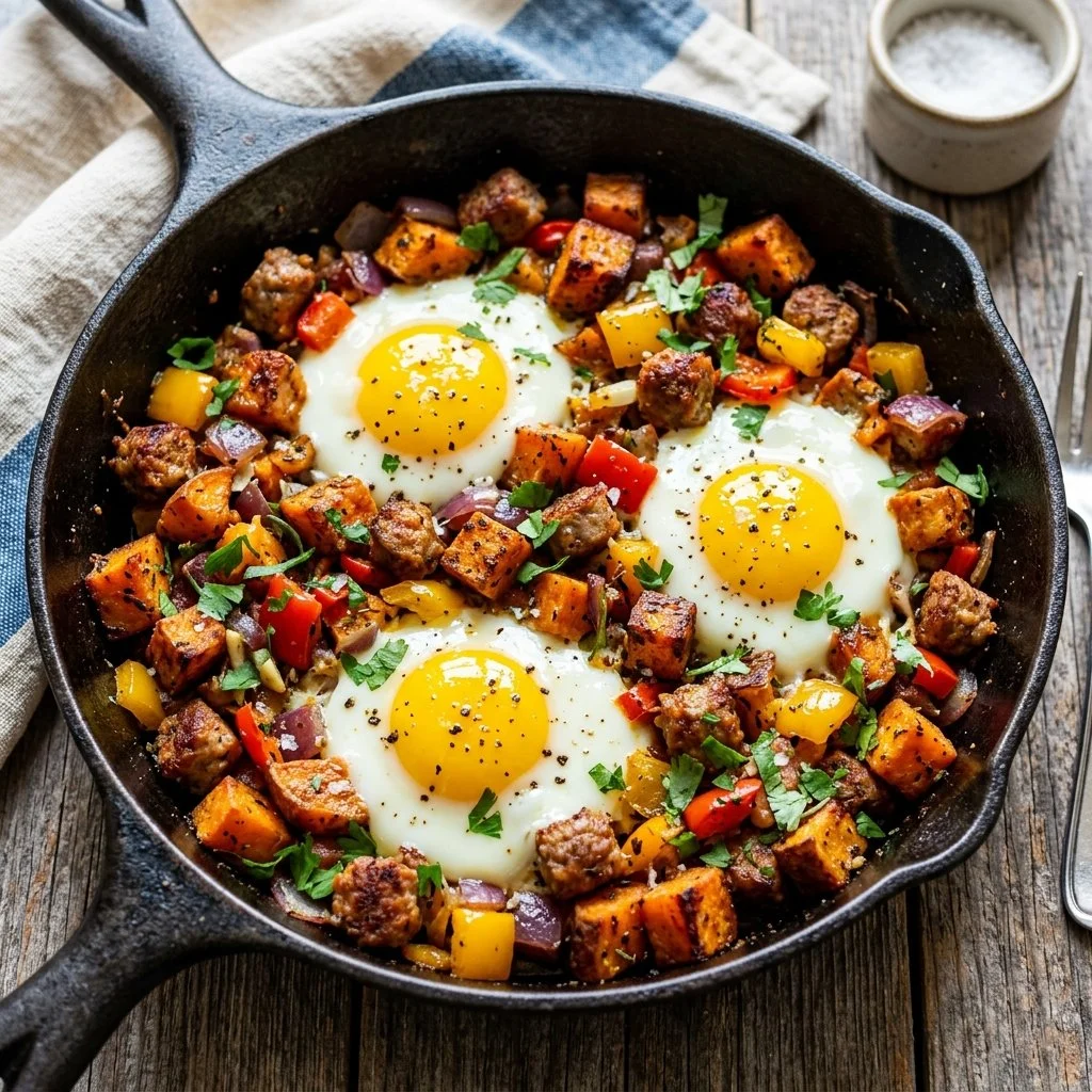 Colorful sweet potato breakfast hash with vegetables and spices in a skillet