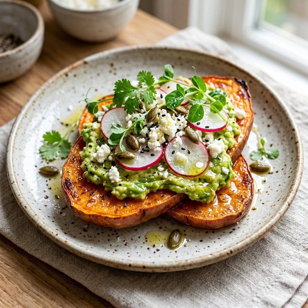 Healthy sweet potato toast topped with avocado and seeds on a wooden board