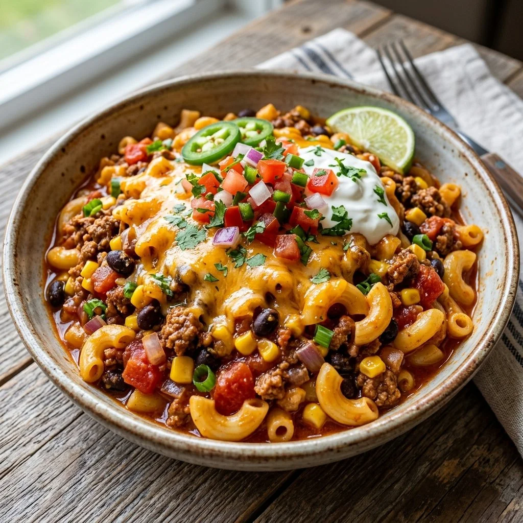 Delicious Taco Pasta served in a bowl with cheese and toppings