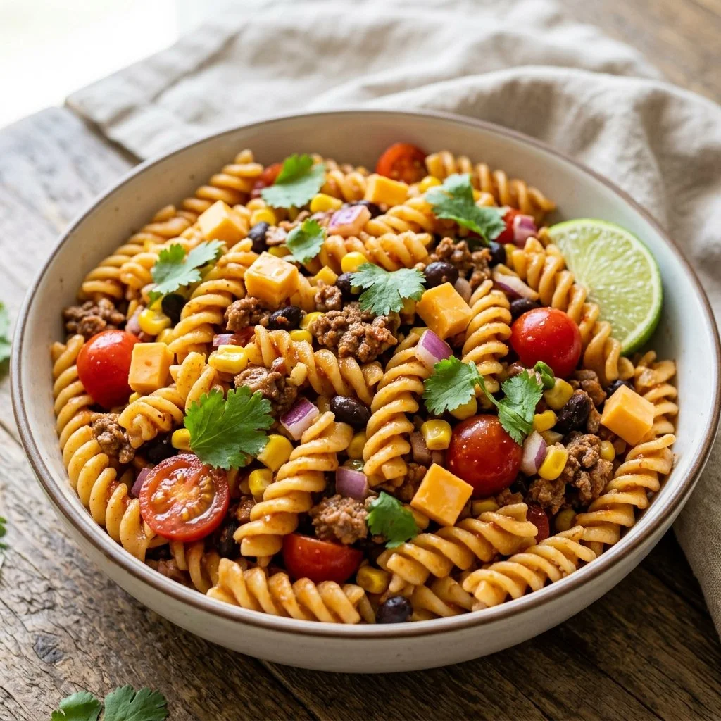 Delicious Taco Pasta Salad with fresh ingredients and vibrant colors