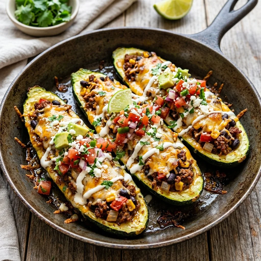Delicious Taco Zucchini Boats filled with seasoned beef and toppings