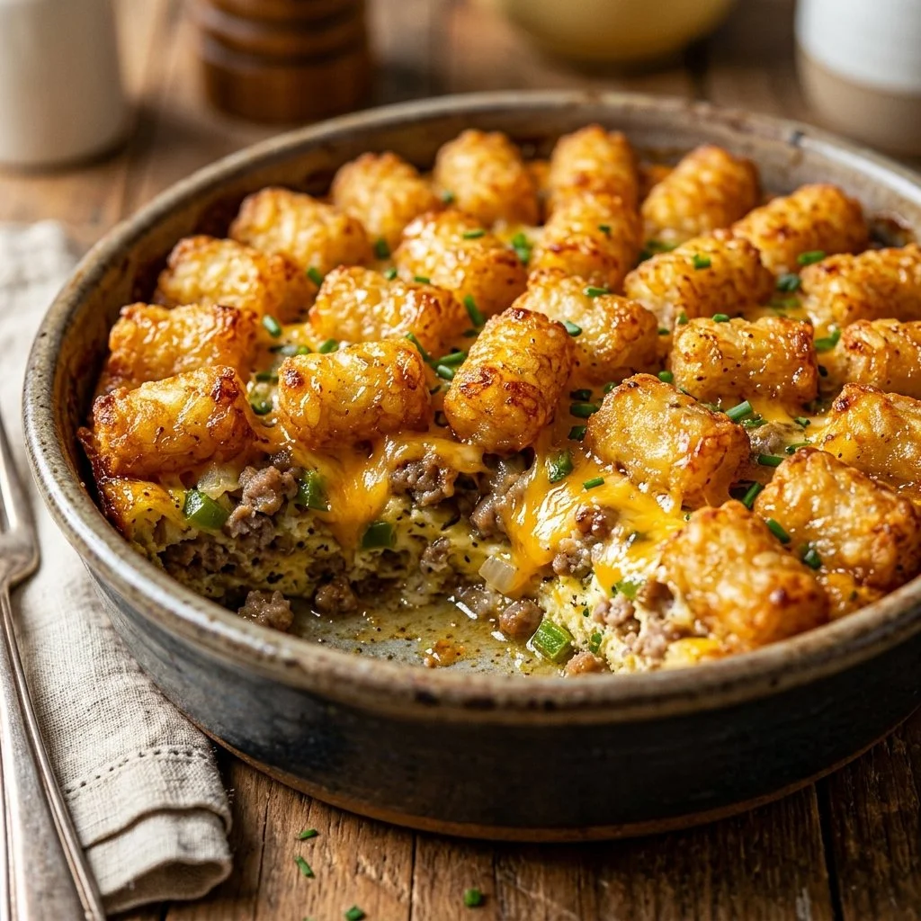 Delicious Tater Tot Breakfast Casserole layered with eggs, cheese, and savory toppings.