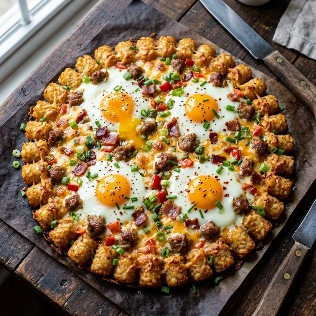 Delicious Tater Tot Breakfast Pizza topped with cheese and veggies