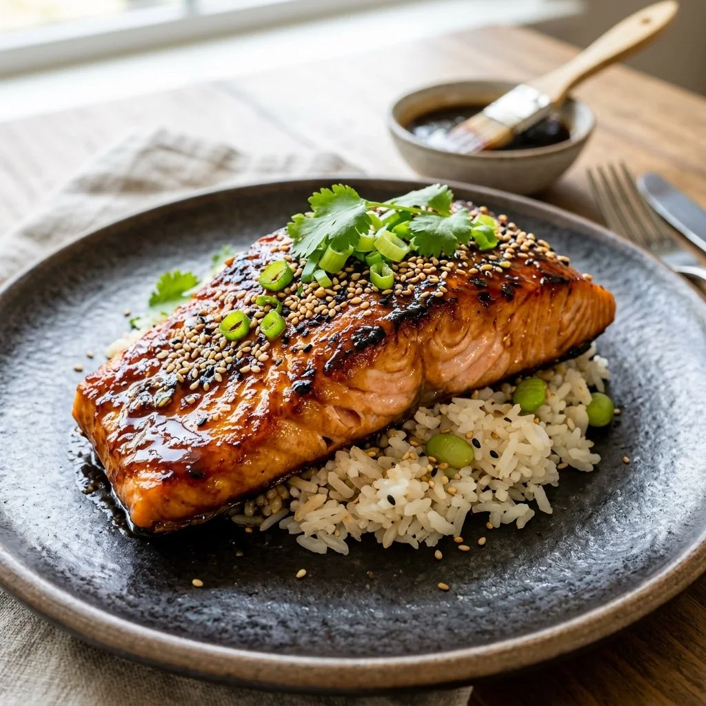 Grilled teriyaki salmon fillet garnished with sesame seeds and green onions