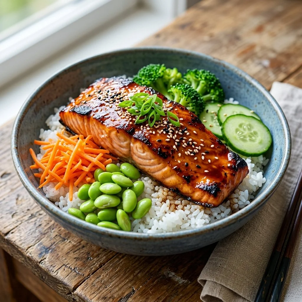 Delicious Teriyaki Salmon Bowl with vegetables and rice