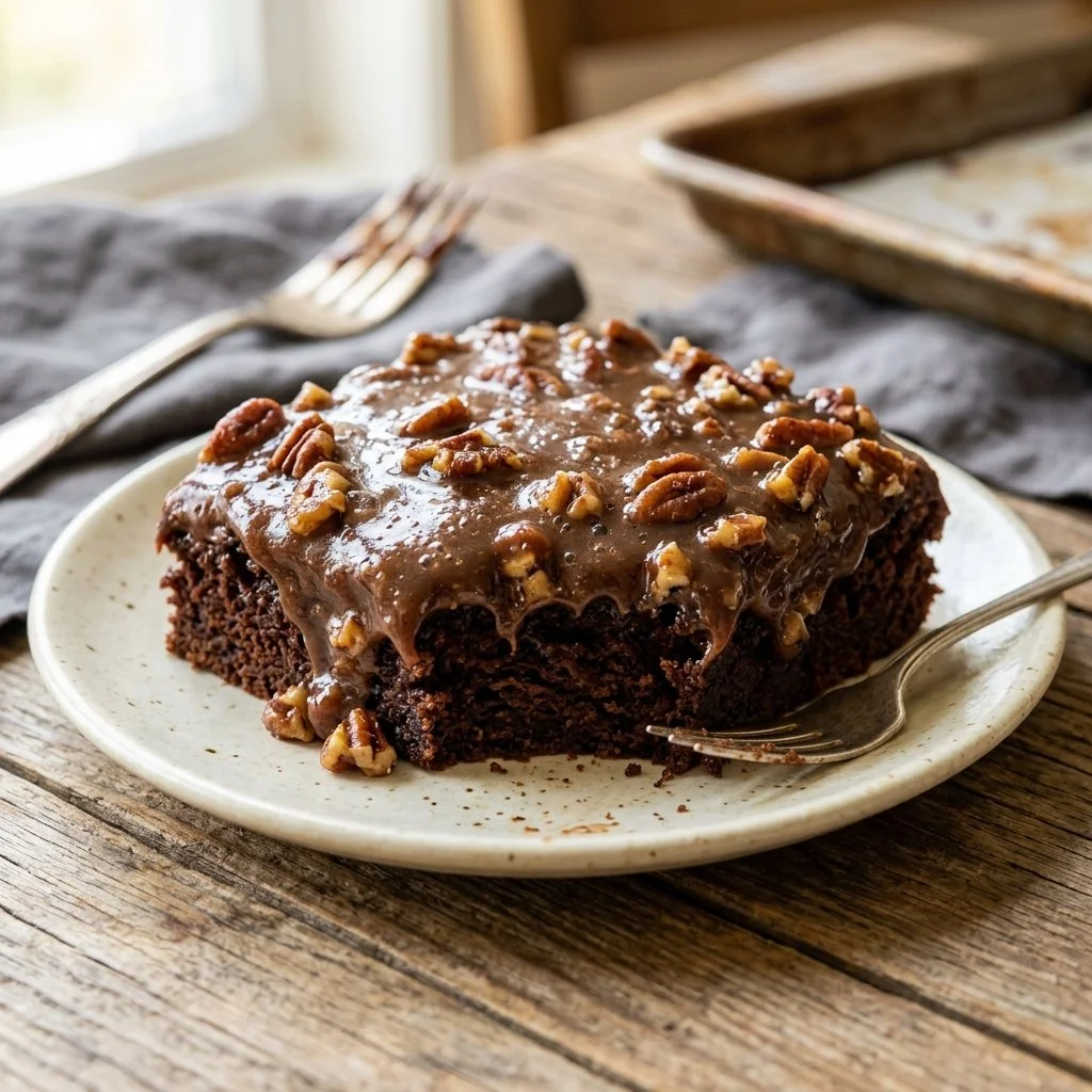Delicious Texas Sheet Cake topped with chocolate frosting on a serving platter