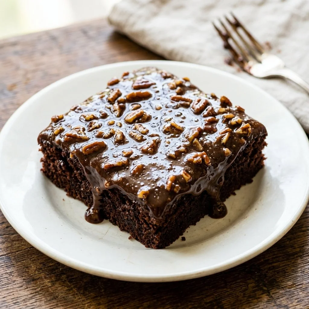 A delicious slice of Texas Sheet Cake topped with chocolate frosting