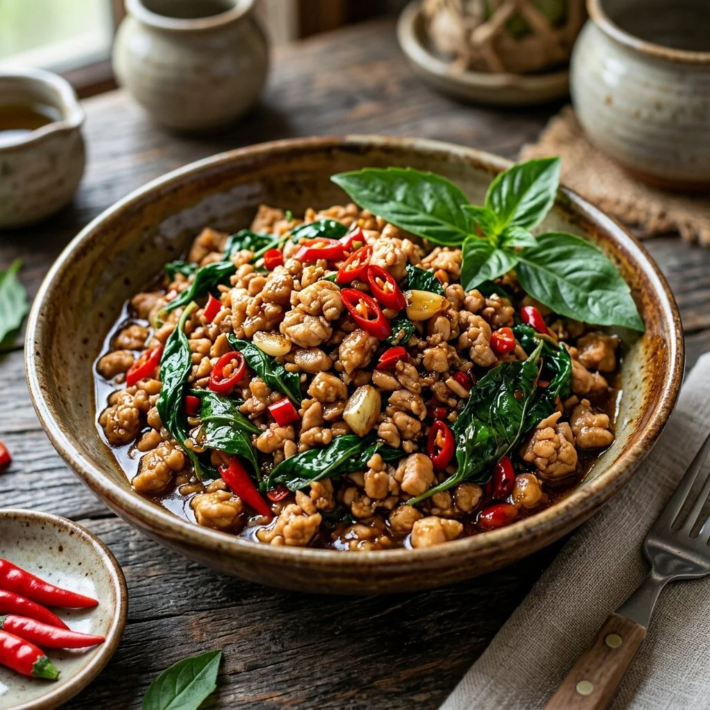 Delicious plate of Thai Basil Chicken with vibrant basil and colorful vegetables