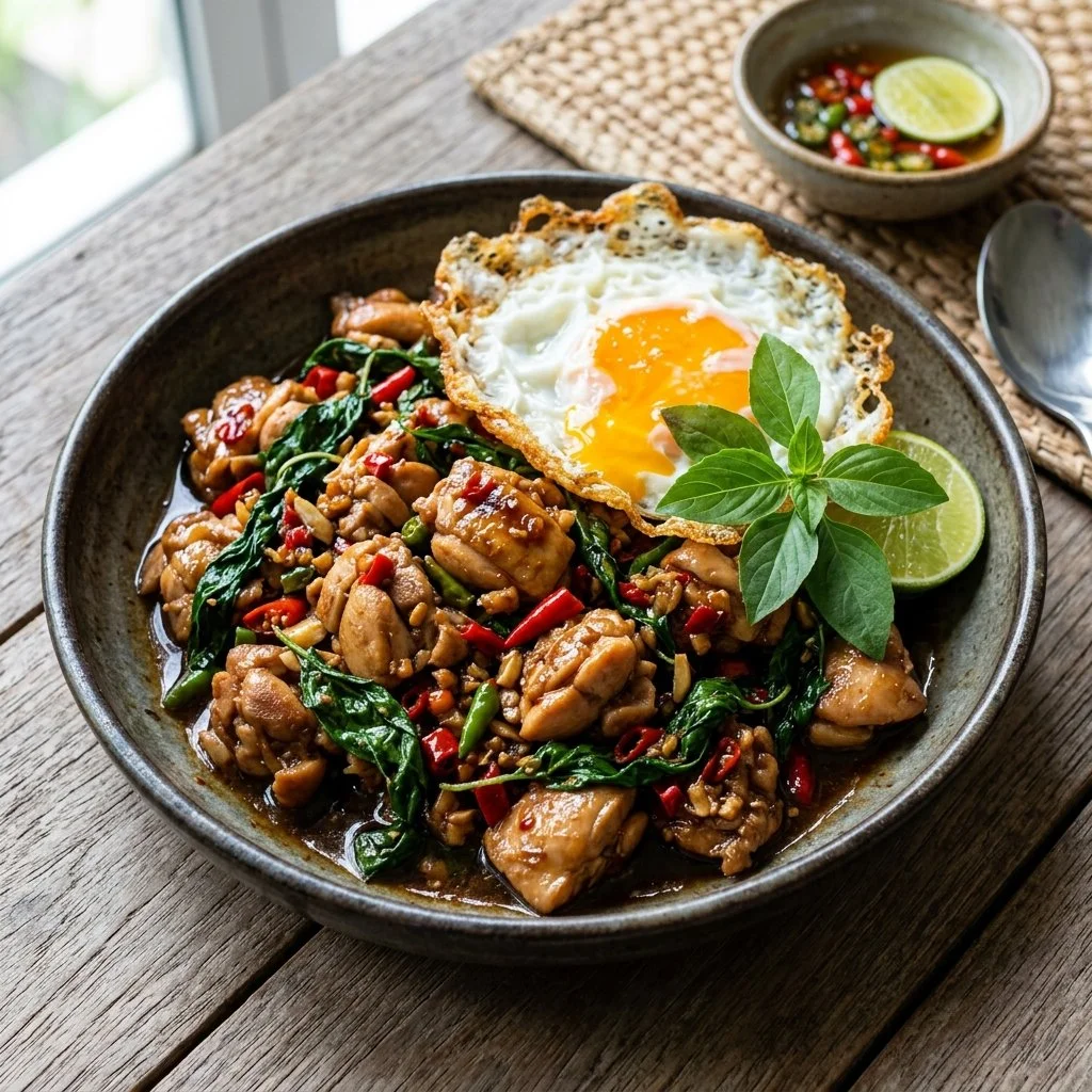 A delicious plate of Thai Basil Chicken garnished with fresh basil leaves.