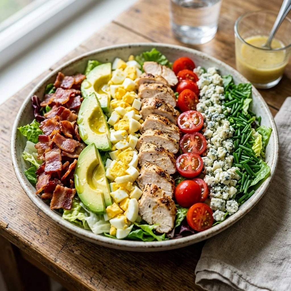 Traditional Cobb Salad with fresh greens, chicken, bacon, and eggs