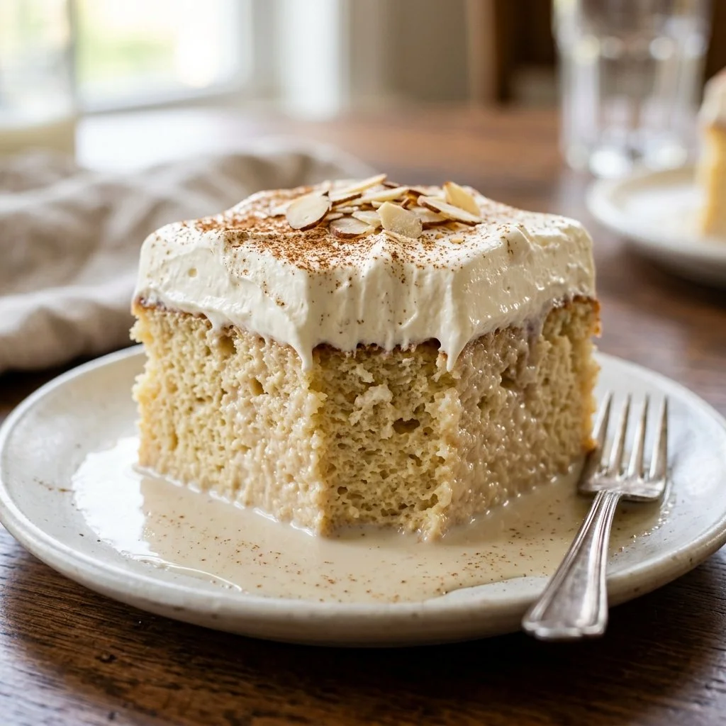 Delicious slice of Tres Leches Cake topped with cream and berries.