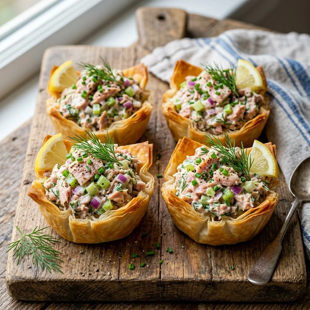 Tuna salad cups served on a platter, perfect for appetizers or healthy meals