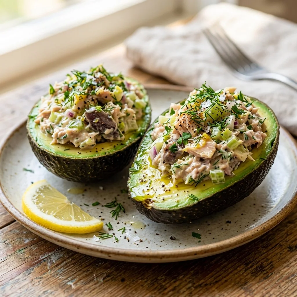 Tuna stuffed avocados recipe with fresh ingredients and vibrant presentation