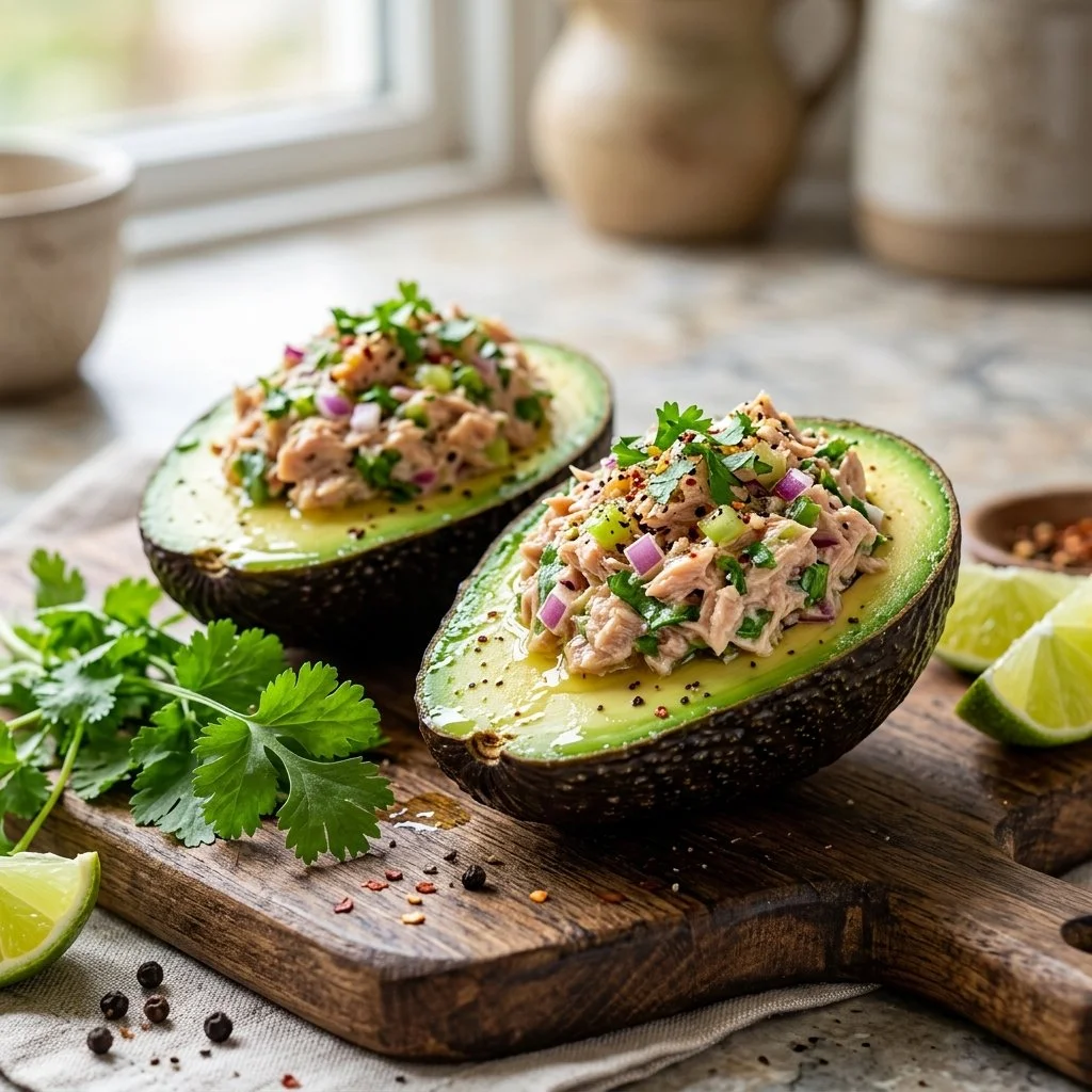 Tuna stuffed avocados topped with fresh herbs and spices for a healthy meal